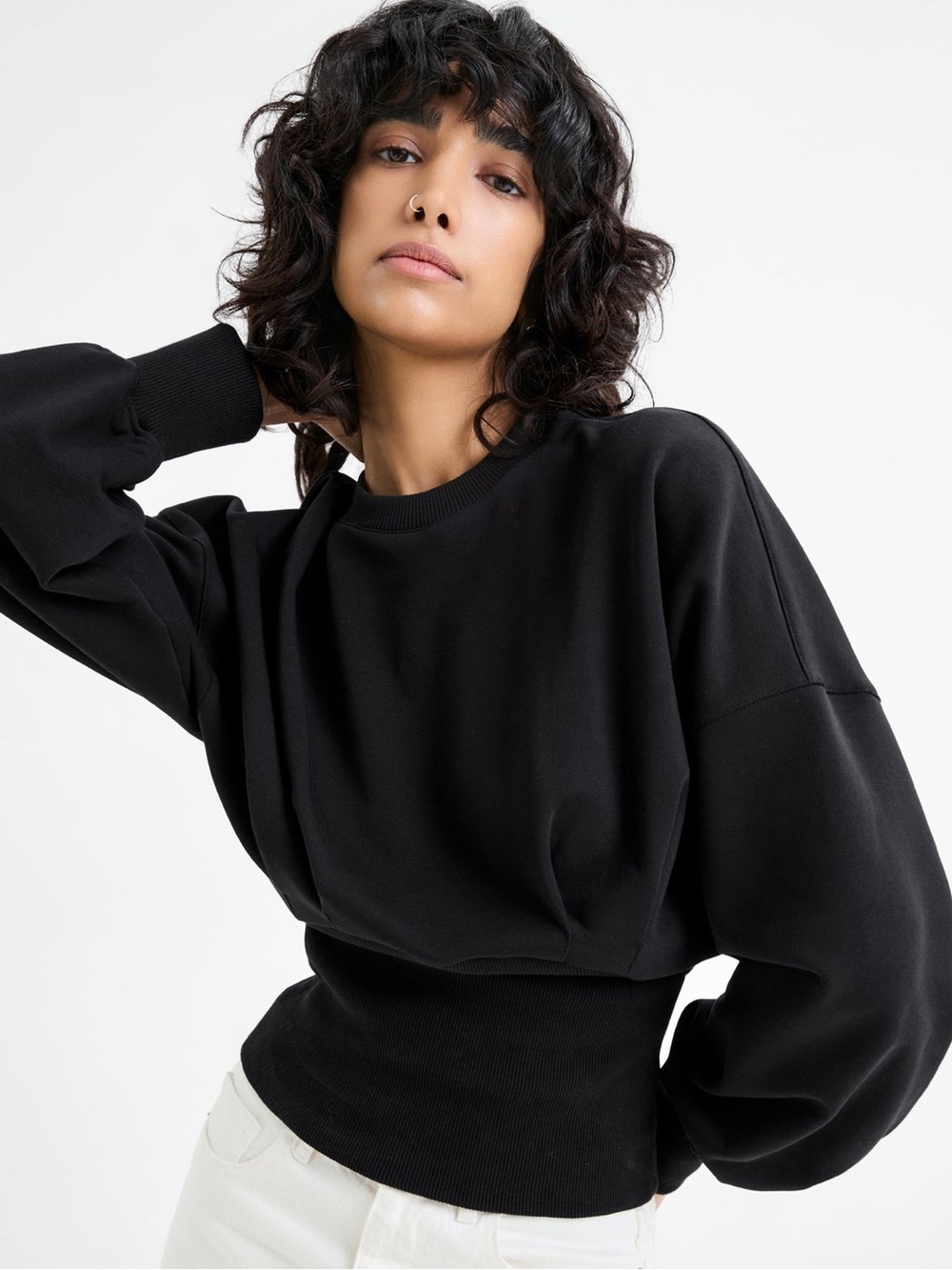 Marcella NYC Maris Puff Sleeve French Terry Sweatshirt Black Size S
